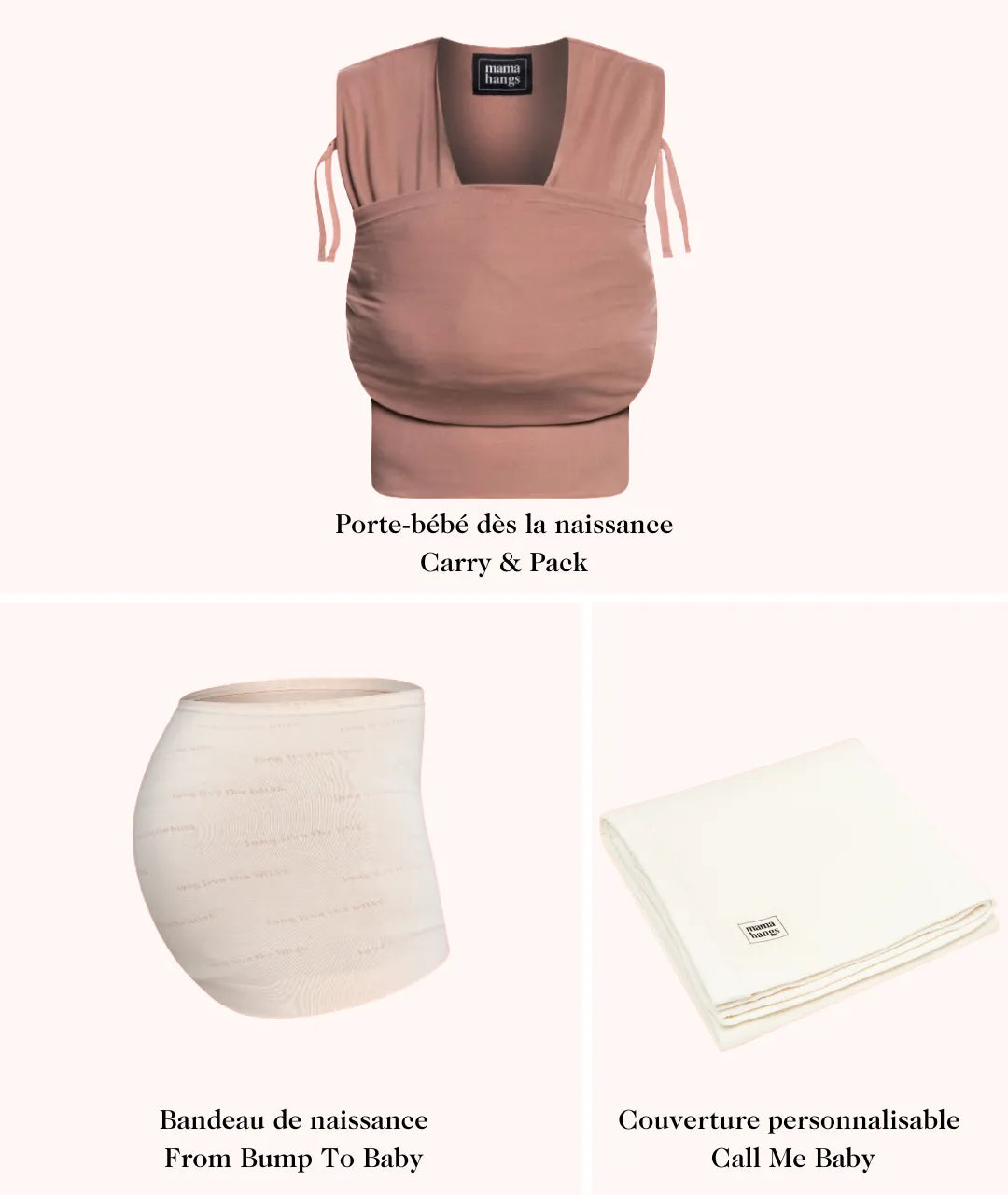coffret cadeau de naissance Mama Hangs avec thsirt de portage bandeau de peau à peau et couverture personnalisable au prénom de l&