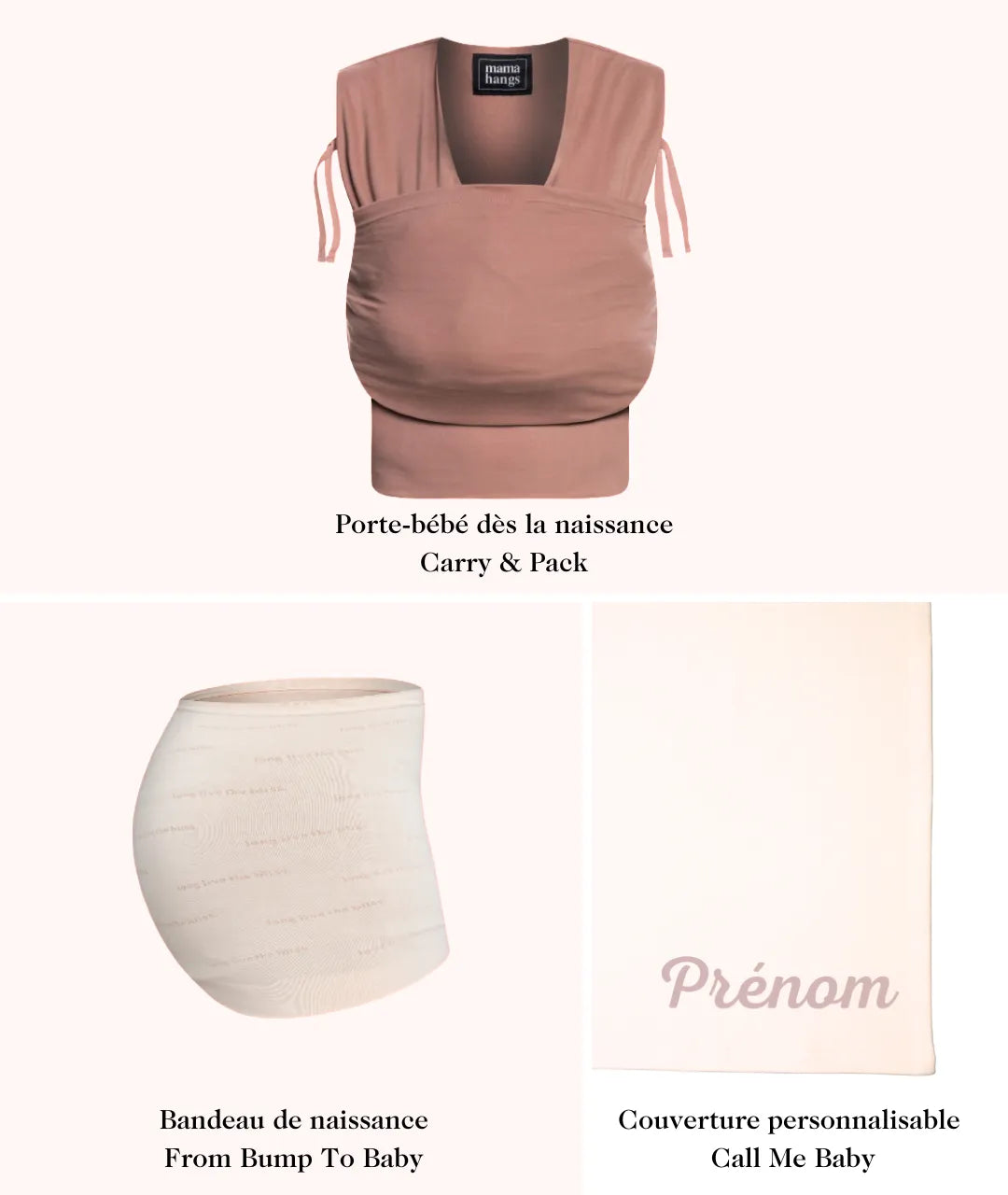 Coffret Naissance avec porte bébé physiologique dès la naissance, un bandeau de peau à peau et une couverture personnalisable 